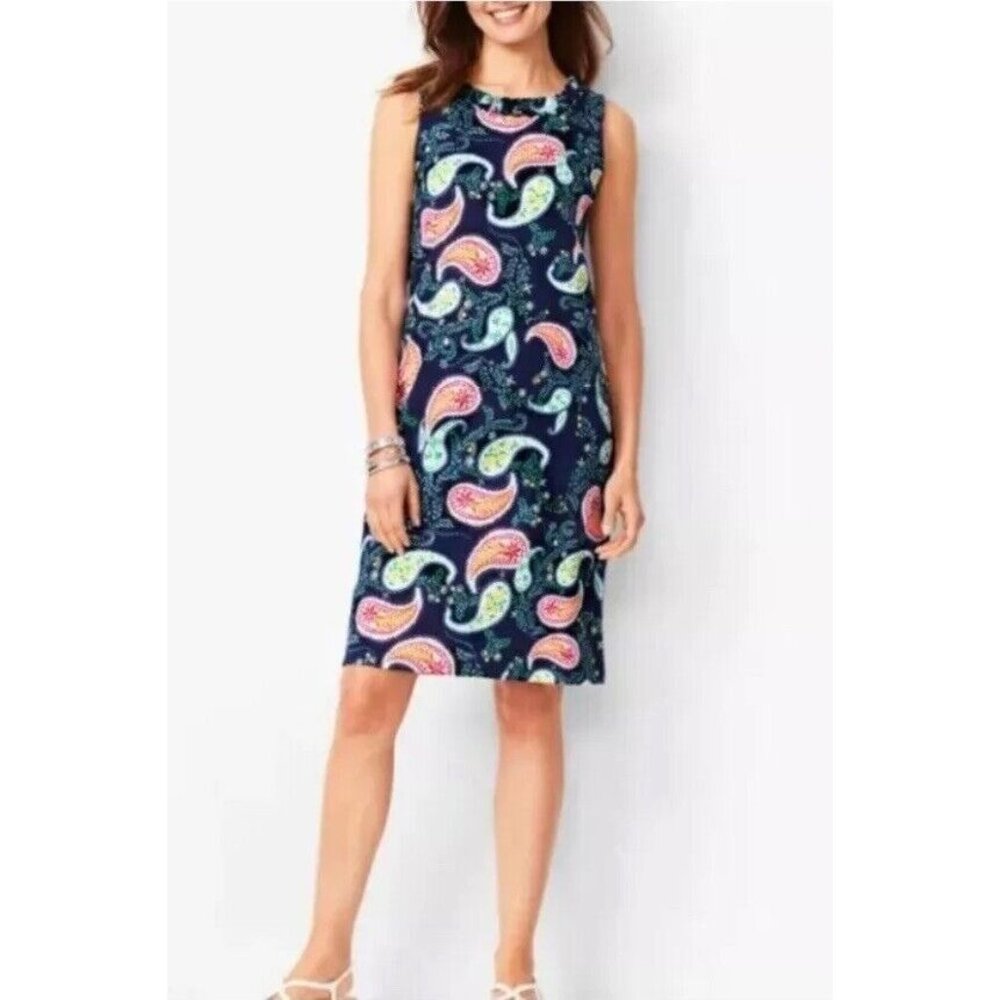 Talbots Spring Summer Paisley Print Sheath Dress Ruffle Neck Sleeveless Sz M
